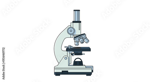 Scientific laboratory microscope with adjustable knobs and high power lenses stands ready for biological research and medical examinations.