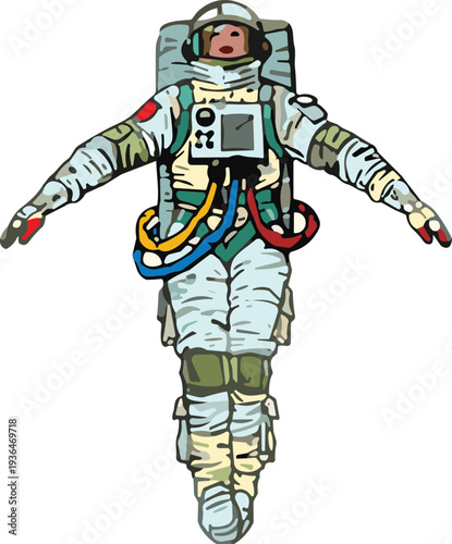 Astronaut space suit illustration, extravehicular activity artwork, floating astronaut design, modern space exploration concept, futuristic cosmic decor inspiration