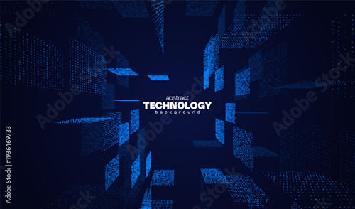 Abstract technology 3D background with digital neon tech square and perspective for big data concept. Party dots grid with tunnel blue led light. 