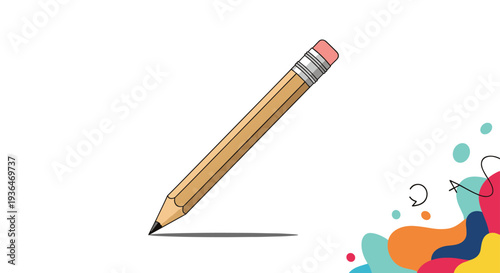 Traditional wooden pencil with a pink eraser points downward on a white background surrounded by colorful abstract shapes and paint blobs.