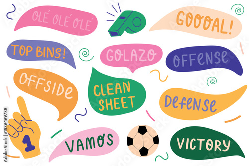 Hand-drawn soccer speech bubbles and football phrases set for 2026 championship. Great for fans in USA, Mexico, and Canada to celebrate the world football tournament.