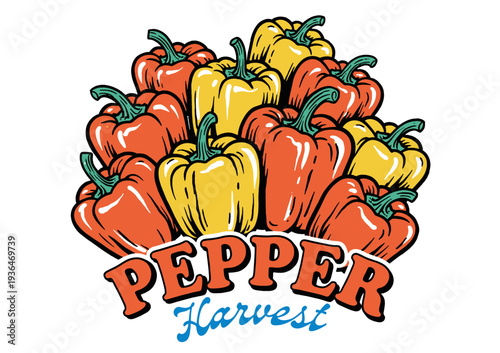 Vibrant pepper harvest graphic art. Stacked red and yellow bell peppers. Farmers market produce vector. Fresh healthy food illustration.