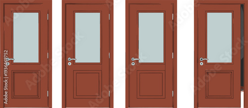 Wooden doors with glass panels, closed and open door variations, interior design concept, mystery choice illustration, architectural home entryway design