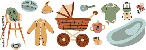 Baby care essentials illustration, infant product artwork, parenting childcare design, cartoon baby items collection, modern nursery decor inspiration