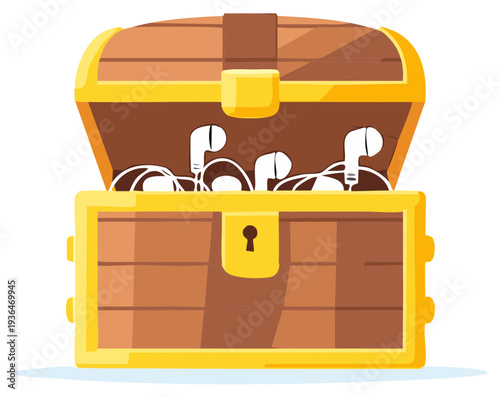 Treasure chest filled with modern white earphones, a modern twist on a classic symbol of discovery