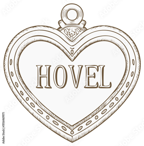 Vintage heart pendant with embossed decorative border and word 'Hovel' inside engraved outline