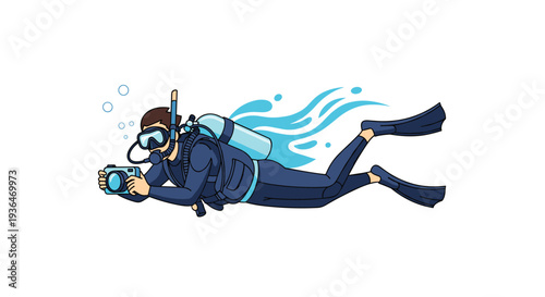 Professional scuba diver in a full wetsuit swims underwater with a camera and blue bubbles while exploring the ocean depths and reef life.