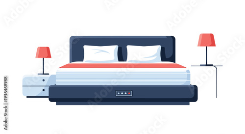 Modern master bedroom furniture set includes a large dark bed frame with white pillows and two matching nightstands with red lamps.