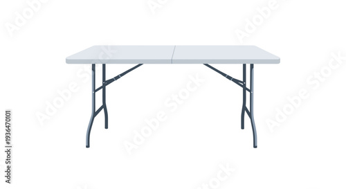 Standard white plastic folding table with metal legs and a center seam used for events, picnics, and temporary workspaces everywhere.