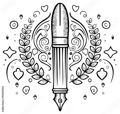 Artistic Fountain Pen with Decorative Laurel Wreath and Hearts
