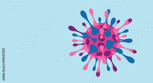 Colorful illustration of a coronavirus cell or virus particle floating on a blue background representing health science and pandemics.