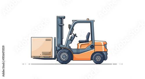Orange forklift truck carrying a large cardboard box on a pallet representing warehouse logistics and industrial shipping operations.