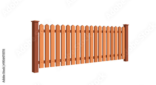 Section of a classic wooden picket fence with brown vertical slats and posts isolated on a white background for garden design.