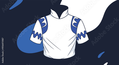 White jockey racing jersey with blue decorative patterns on the sleeves and shoulders on a dark blue background for horse racing.