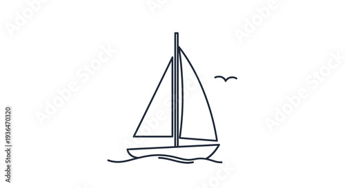 Minimalist outline of a sailboat sailing on waves with a single bird flying nearby representing travel and ocean adventure.