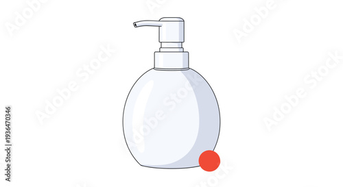 White liquid soap or lotion dispenser bottle with a pump head and a small red circle on a white background for hygiene.