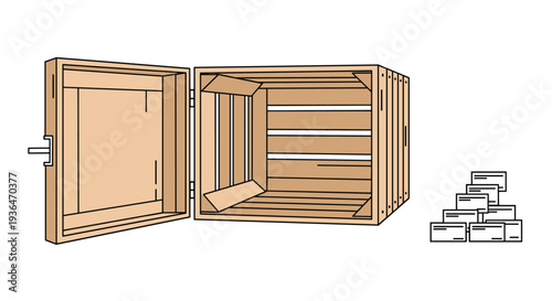 Open wooden shipping crate with a stack of documents or labels next to it representing cargo packing and logistics operations.
