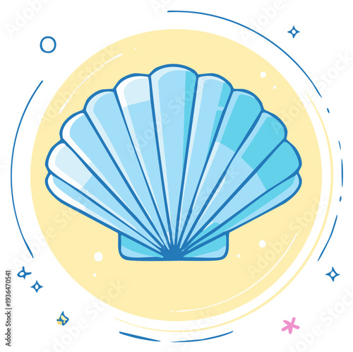Vibrant Blue Scallop Shell Illustration with Clean Lines, Summer Beach Marine Concept