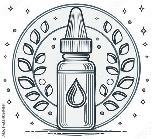 Dropper bottle illustration inside laurel wreath circle emblem with sparkles vintage style alternative medicine essential oils