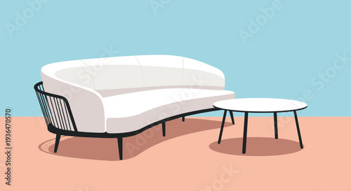 Modern white curved sofa with a minimalist black frame and a matching round coffee table in a clean interior setting.