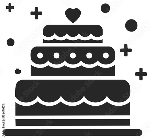 Three tiered celebration cake with heart topper and confetti elements
