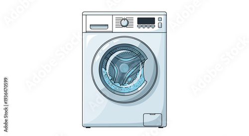 White front loading washing machine with a circular glass door and control panel isolated on a white background for laundry.