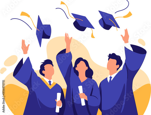 Group of elated graduates celebrate their significant academic achievement and bright future prospects by enthusiastically tossing their caps into the sky