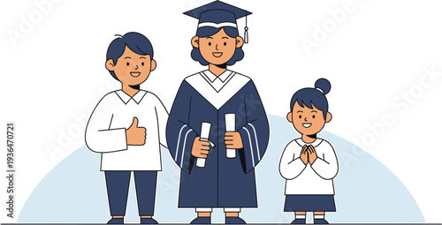 Joyful illustration of a graduate in academic regalia celebrating a significant milestone with her proud and supportive family