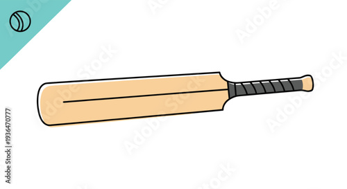 Traditional wooden cricket bat with a black textured grip is showcased against a minimalist background with a ball icon.