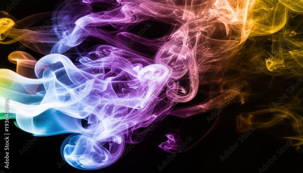 Fototapeta premium Colorful smoke patterns creating a vibrant and abstract visual effect on a dark background.