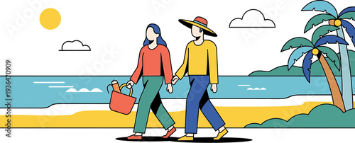 Couple walking on the beach during a sunny day, enjoying a vacation with palm trees and ocean waves in the background