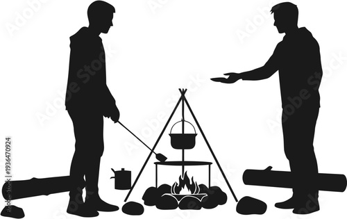 Black silhouette graphic of two friends camping and cooking over an open campfire, depicting an iconic outdoor adventure scene and shared recreational experience