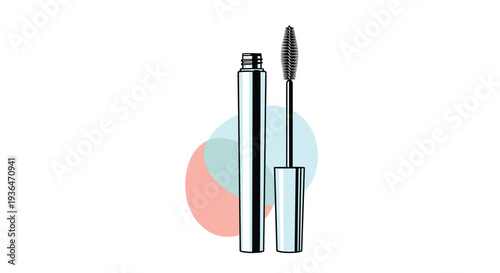 Sleek silver mascara tube and its application wand with a dense black brush are displayed together for beauty advertising.