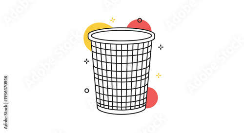 Classic metal wire wastebasket with a grid pattern is illustrated with simple colorful geometric shapes in the background.