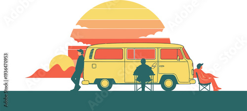 Friends enjoying a relaxing sunset road trip adventure with their vintage-style camper van, embracing the freedom of travel and exploration in a serene natural landscape