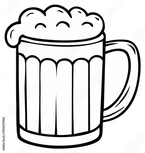 Cartoon mug of beer with foamy head, outline illustration