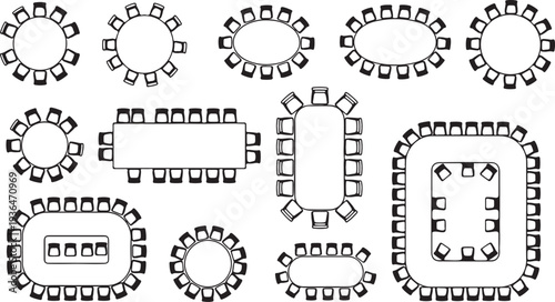 Conference, event, café and restaurant seating plan set with different banquet tables and chair arrangements. Flexible layout options for weddings, meetings and business event planning eps