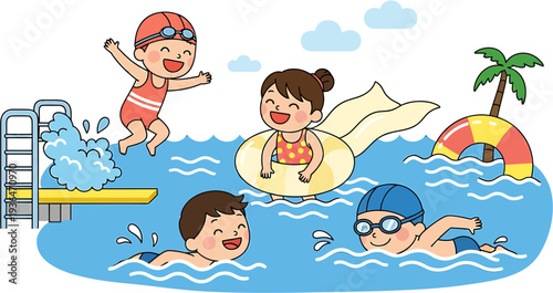 Children enjoying a refreshing swim and playing in a sparkling blue swimming pool on a sunny day, with pool floats and diving board for summer fun