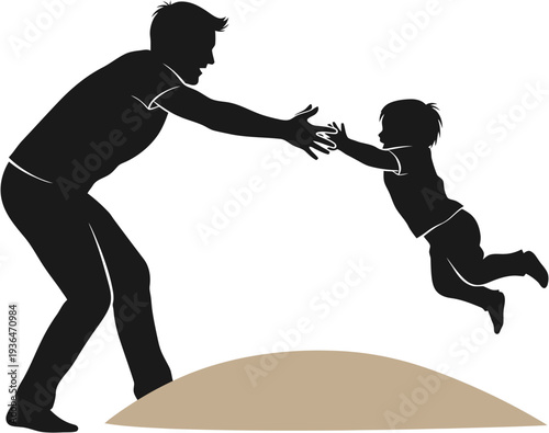 Father reaching out to catch his child jumping towards him, a heartwarming moment of parental love and trust
