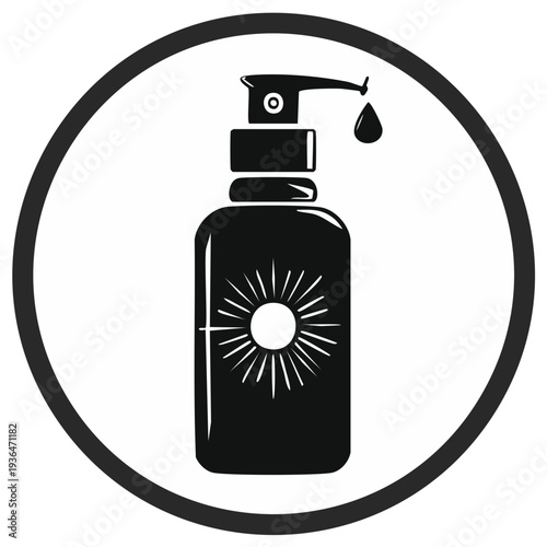 Sunscreen pump bottle with sun emblem dispensing a single drop into the air