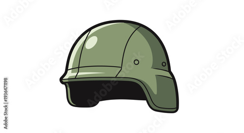 Durable olive green military helmet is designed for tactical protection and use by armed forces in combat situations.