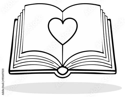 Open Book with Heart Symbol on Pages Black and White Drawing