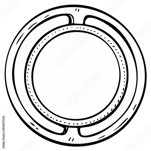 Hand-drawn illustration of a circular weight plate with concentric rings and cutouts