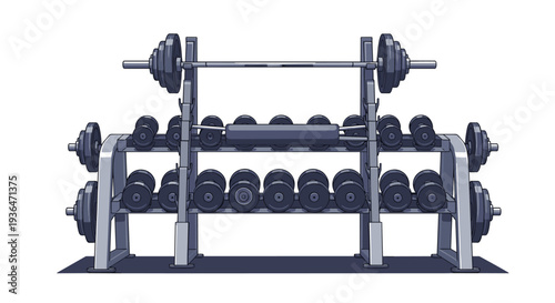 Large gym weight rack is fully stocked with various dumbbells and barbells for a comprehensive strength training workout.