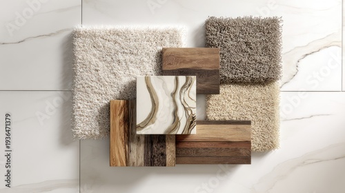 Interior design material samples showcase various textures and natural finishes on a bright surface