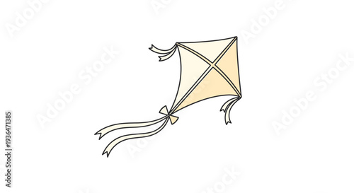 Whimsical light yellow kite with long trailing ribbons is illustrated as it flies gracefully through an open white sky.