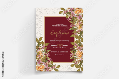 WEDDING INVITATION FRAME WITH FLOWER DECORATIONS AND FRESH LEAVES