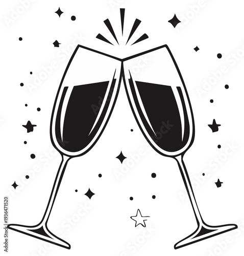 Illustration of champagne flutes clinking for celebration with star and dot decorations