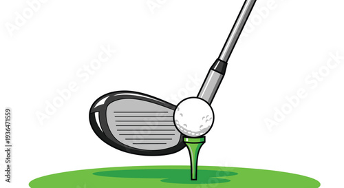 Close up of a golf club head striking a white ball placed on a green tee over a grassy field during a professional sports game.