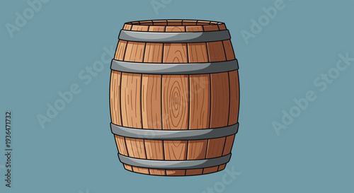 Traditional wooden barrel with metal hoops used for aging wine, whiskey, or beer isolated on a light blue background for distillery ads.